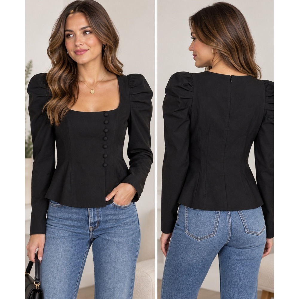 Tuckernuck Black Calla Blouse XS Puff Sleeve Square Neck Peplum Top NWT $198